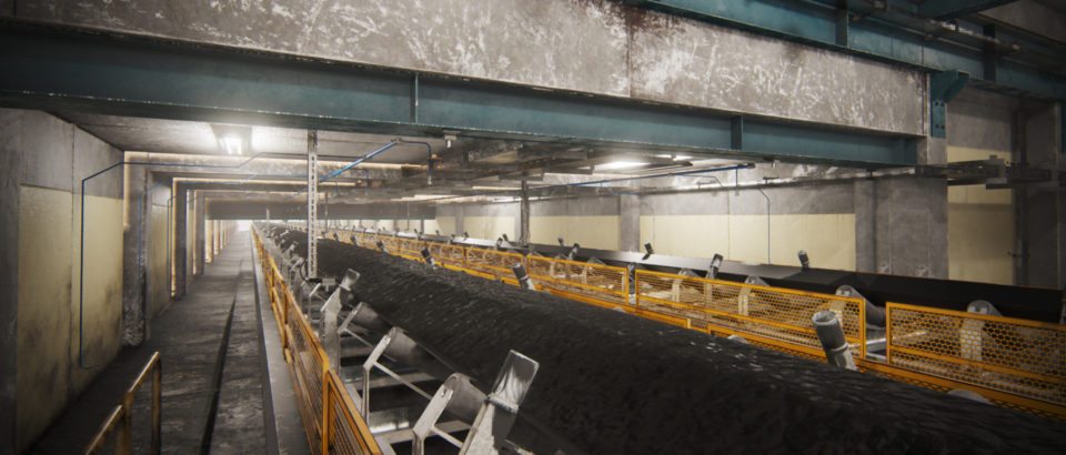 Wizualizacja 3D przenośnika taśmowego w elektrowni. 3D visualization of a conveyor belt in a power plant.