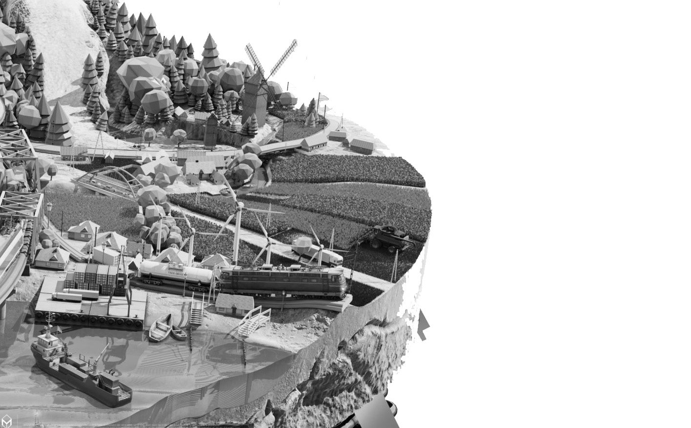 fragment wizualizacji 3D - czarno biała. fragment of 3D visualization - black and white.