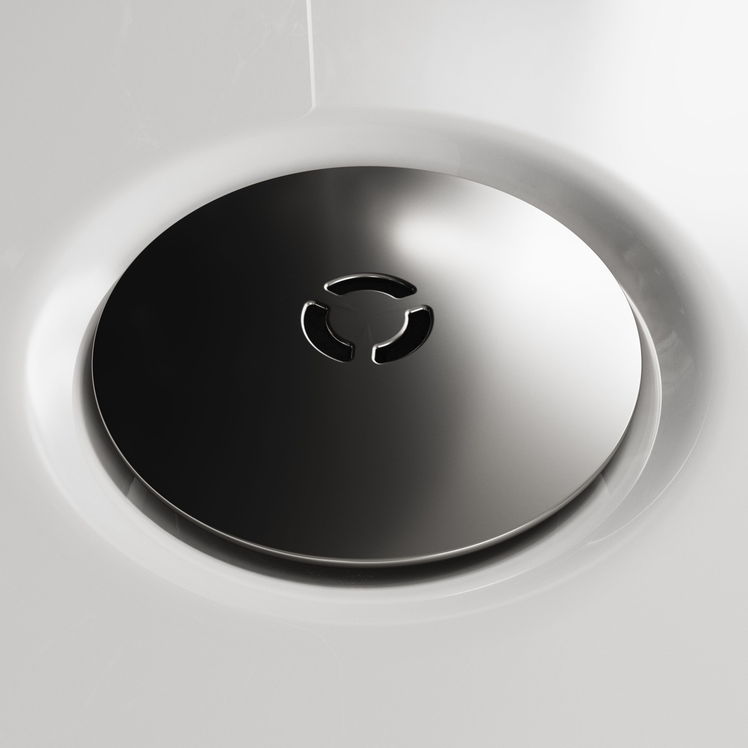 Wizualizacja 3D detalu odpływu brodzika prysznicowego. 3D visualization of a shower tray drain detail.