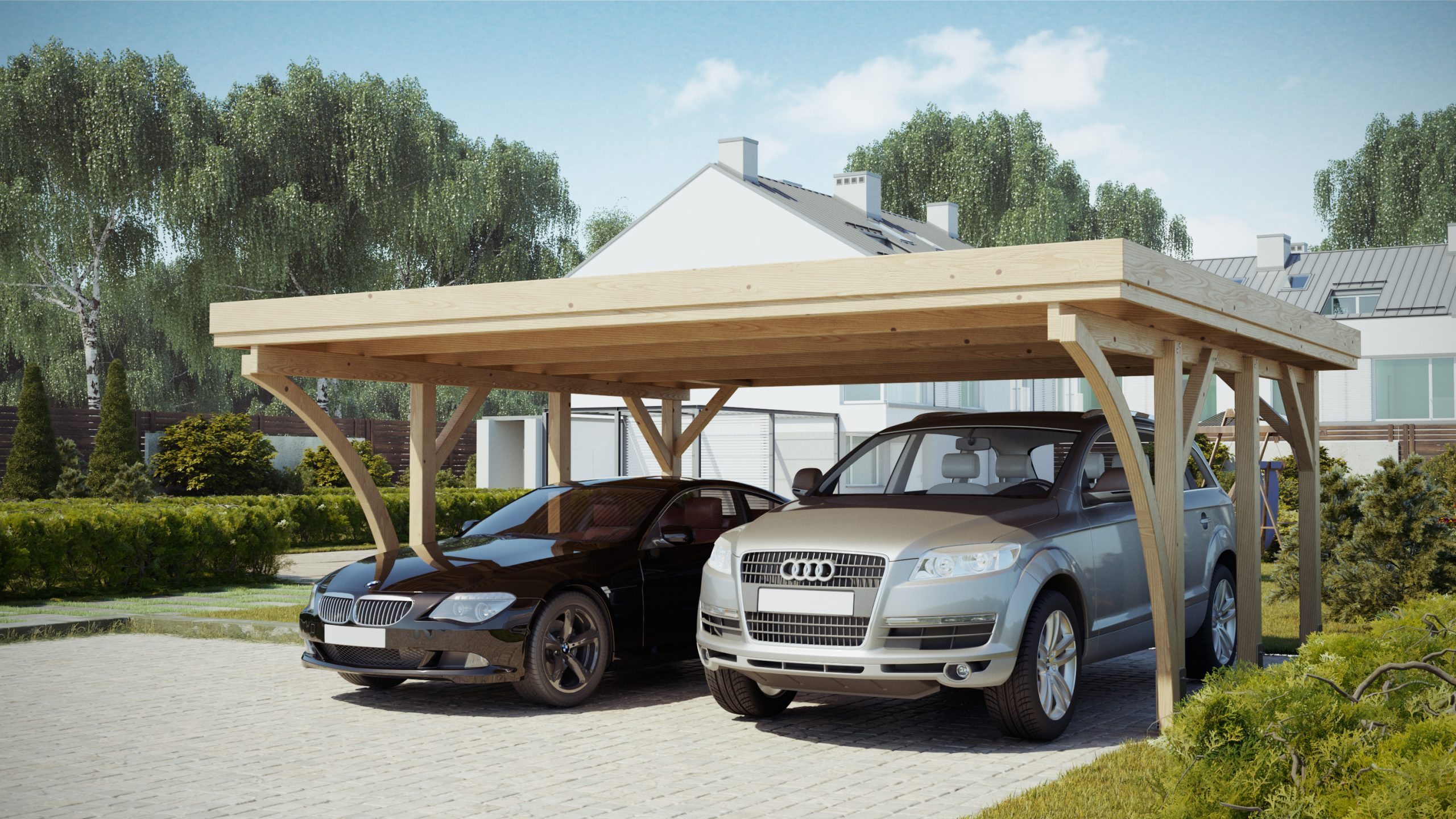 Wizualizacje 3D carportu - mała architektura - podjazd dla pojazdów. 3D visualizations of a carport - small architecture - driveway for vehicles