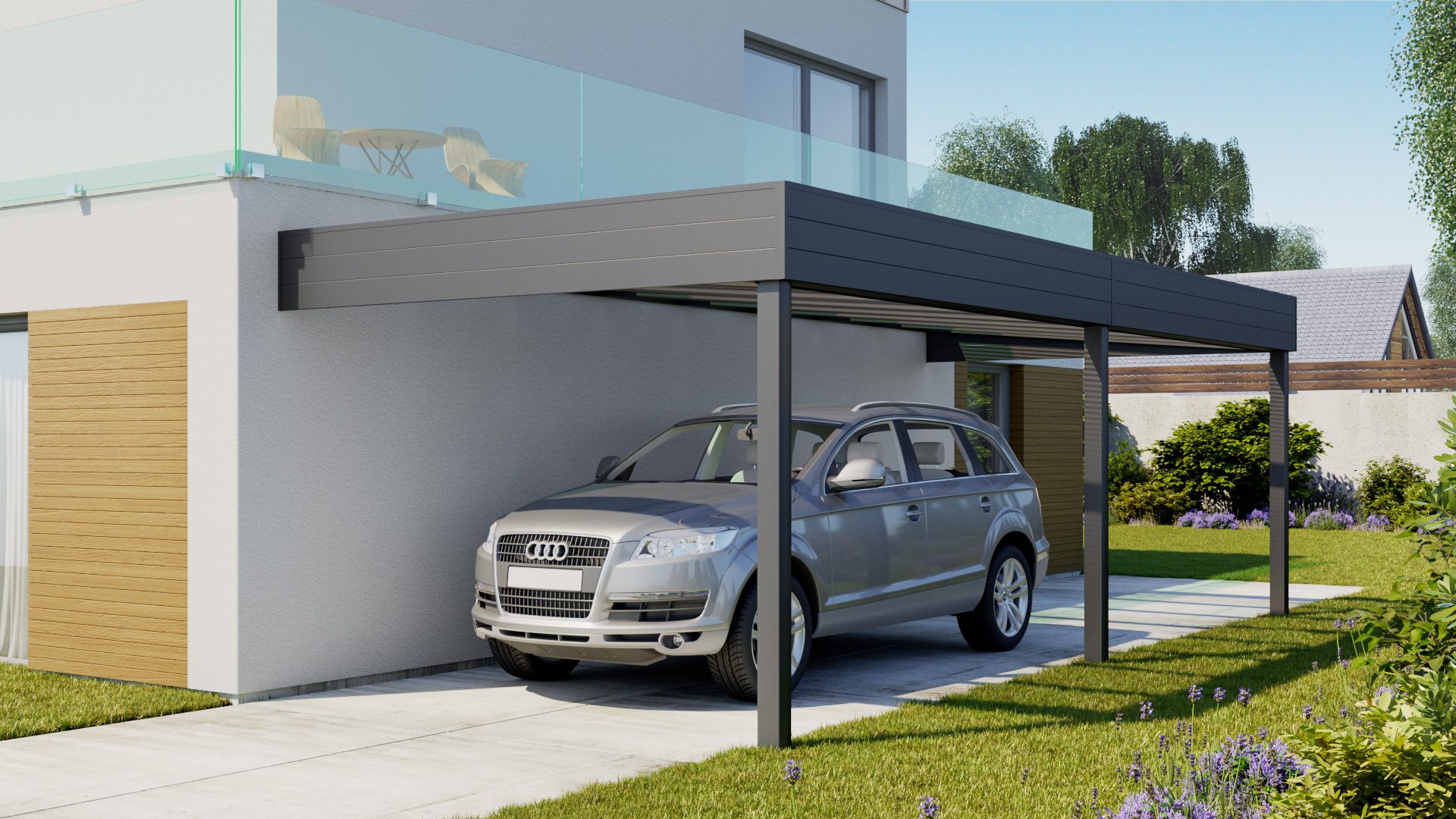 Wizualizacje 3D carportu - mała architektura - podjazd dla pojazdów. 3D visualizations of a carport - small architecture - driveway for vehicles
