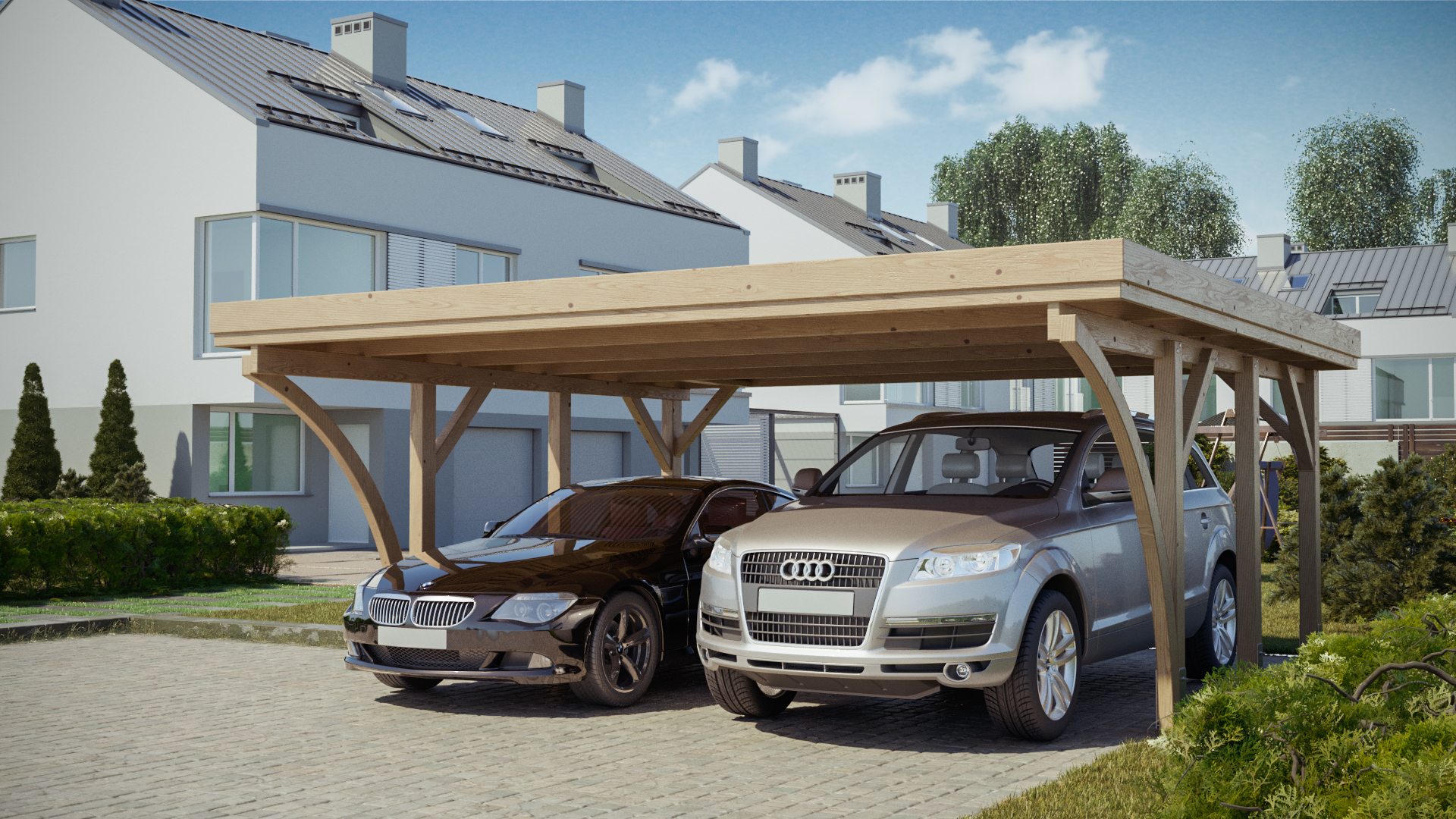 Wizualizacje 3D carportu - mała architektura - podjazd dla pojazdów. 3D visualizations of a carport - small architecture - driveway for vehicles