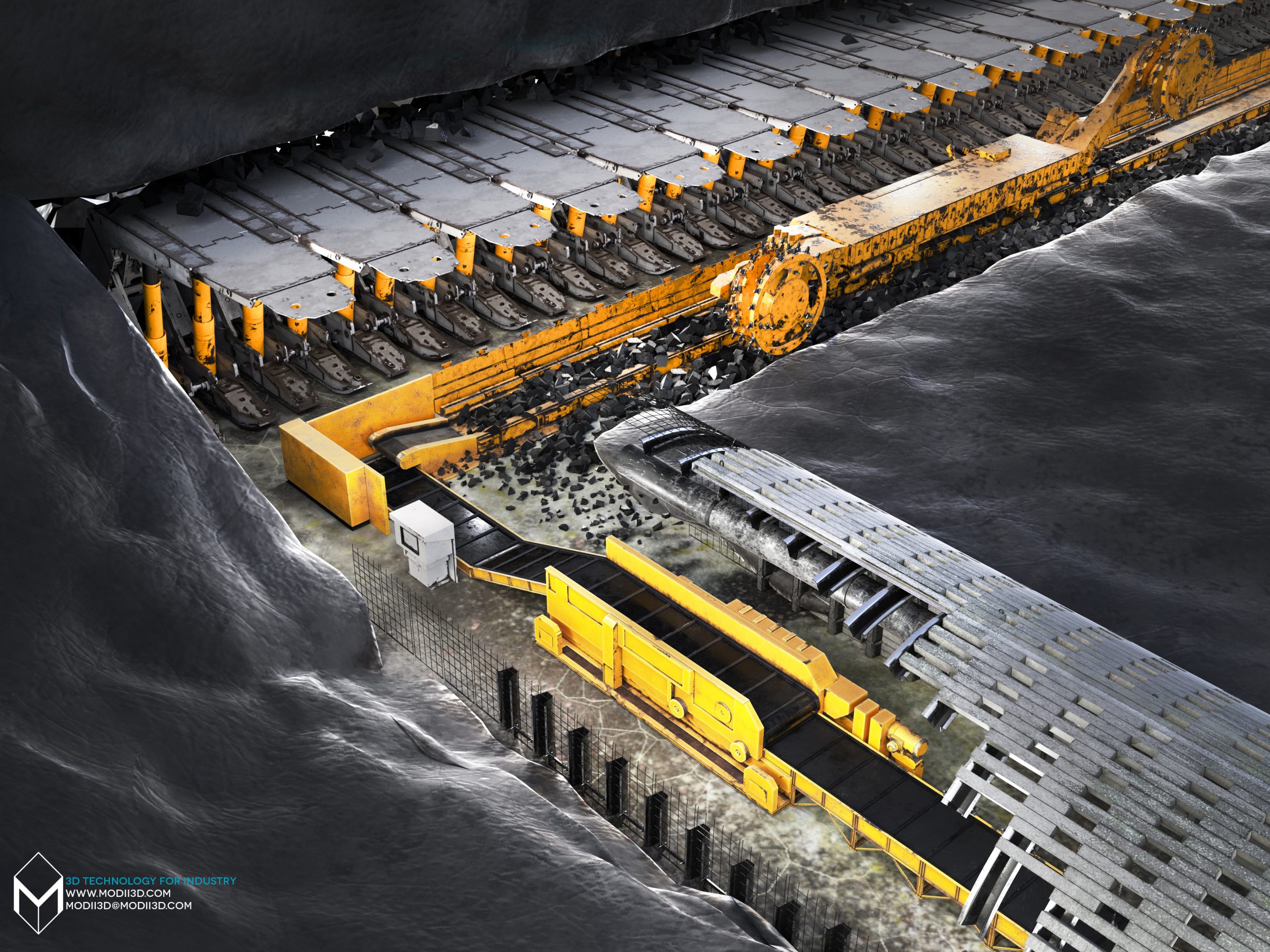 compenus longwall mine modii3d 01 Wizualizacja 3D ściany wydobywczej - przemysł górniczy. 3D visualization of a mining wall - mining industry.