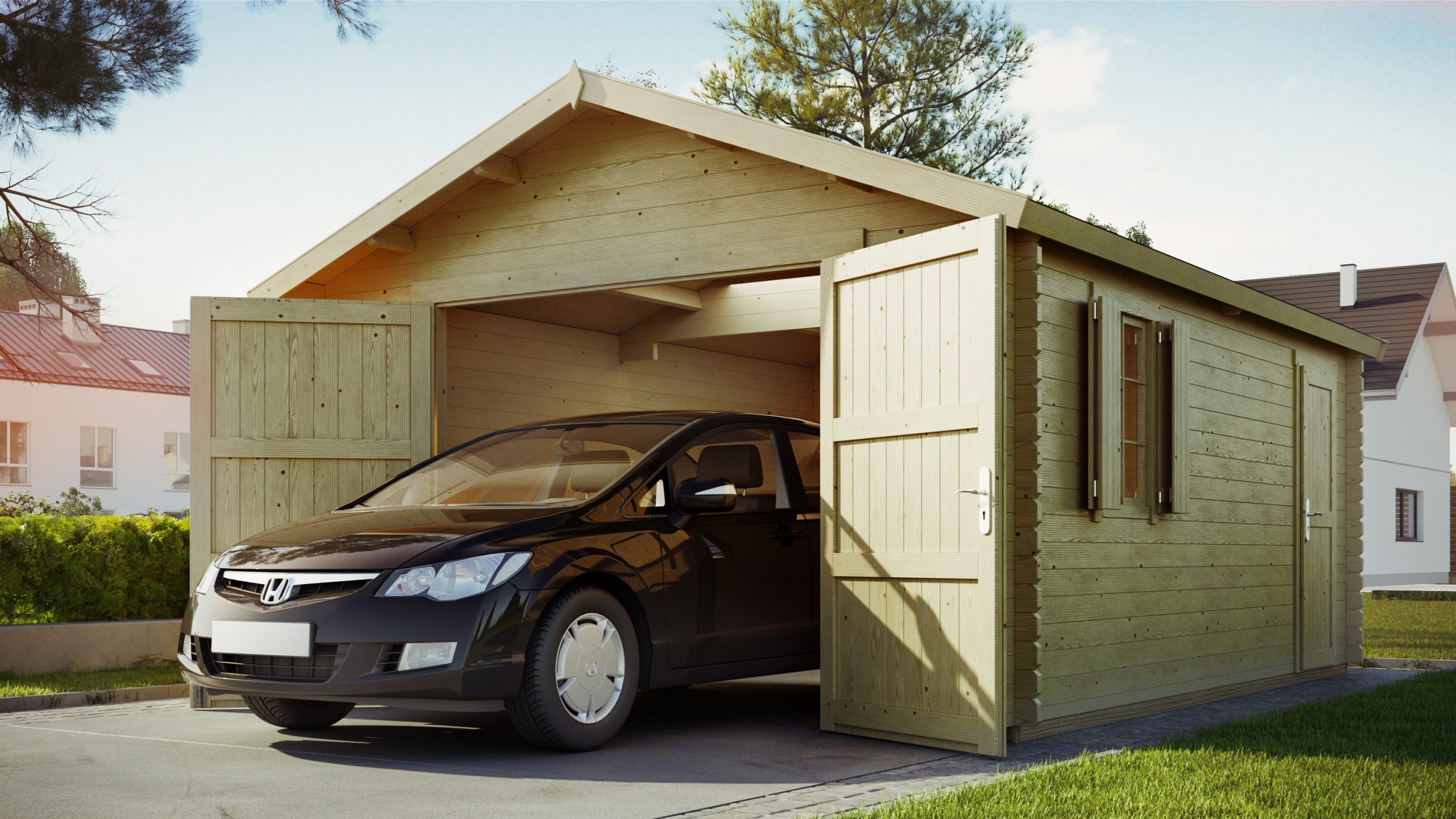 Wizualizacja 3D garaż drewniany. 3D visualization of a wooden garage.