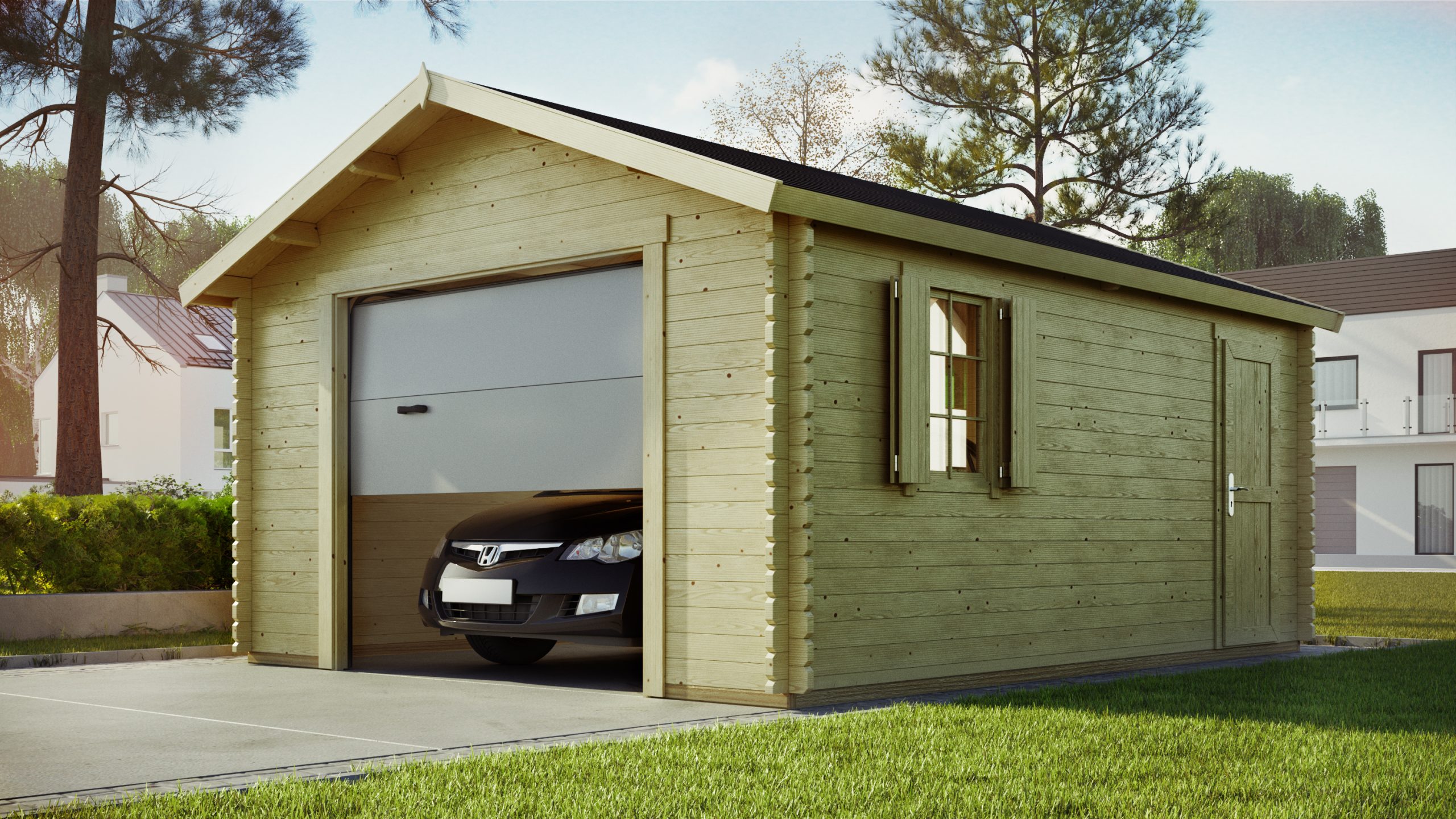 Wizualizacja 3D garaż drewniany. 3D visualization of a wooden garage.