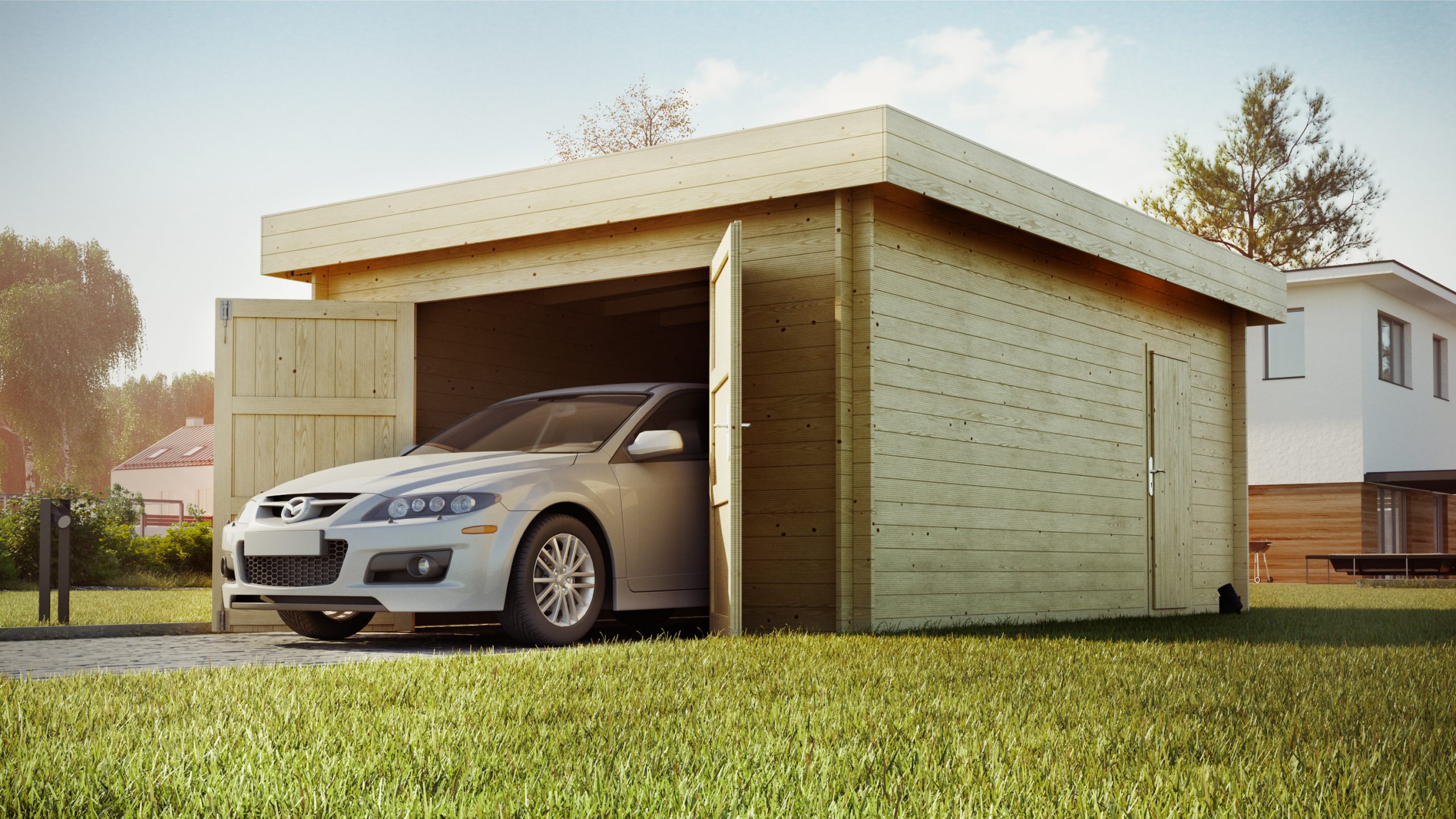 Wizualizacja 3D garaż drewniany. 3D visualization of a wooden garage.