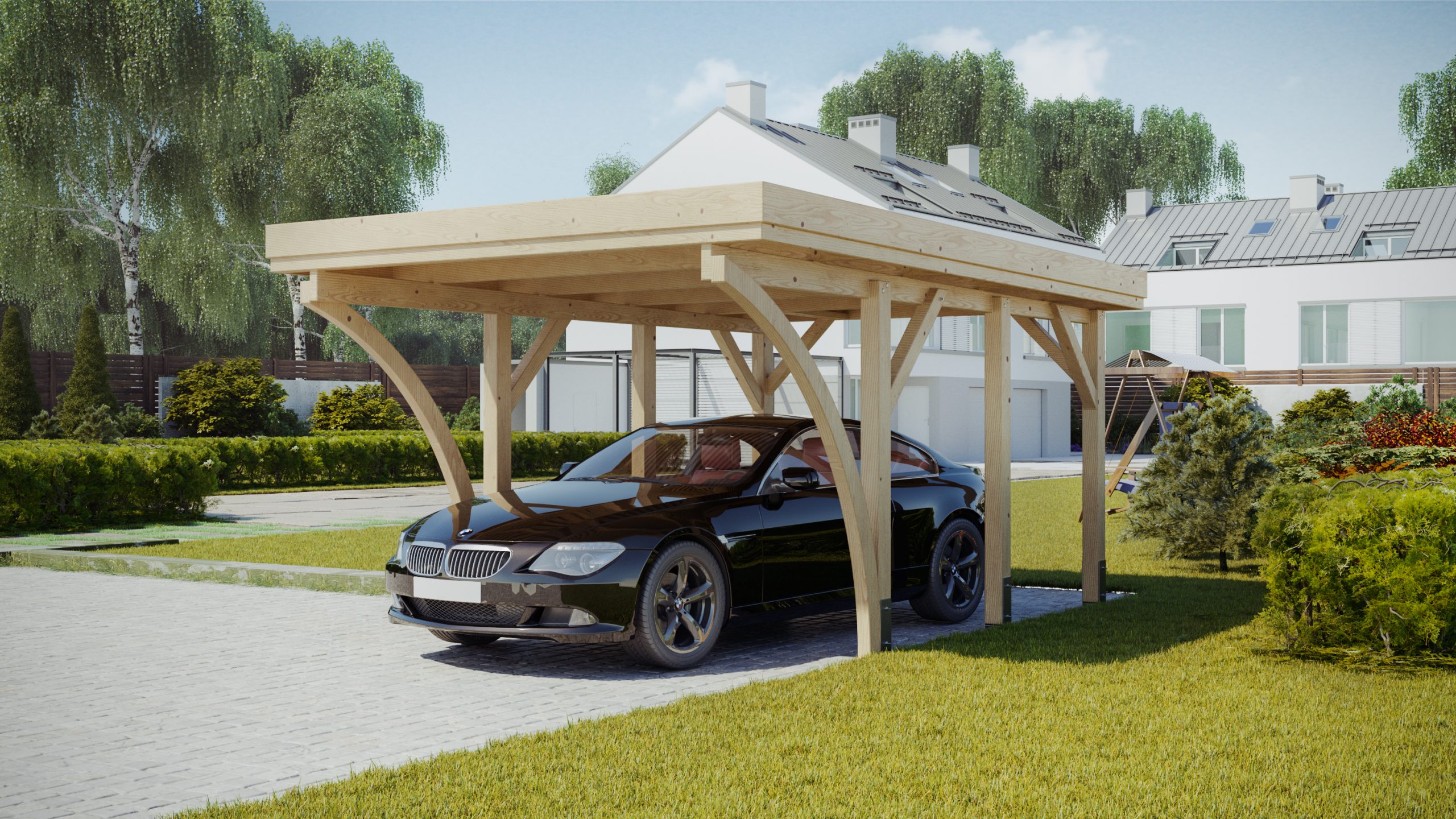 Wizualizacje 3D carportu - mała architektura - podjazd dla pojazdów. 3D visualizations of a carport - small architecture - driveway for vehicles