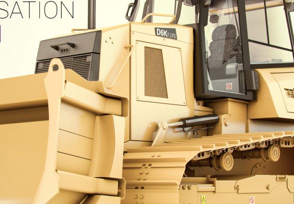 Ilustracja fragmentu wizualizacji 3D spychacza budowlanego. Illustration of a fragment of a 3D visualization of a construction bulldozer.