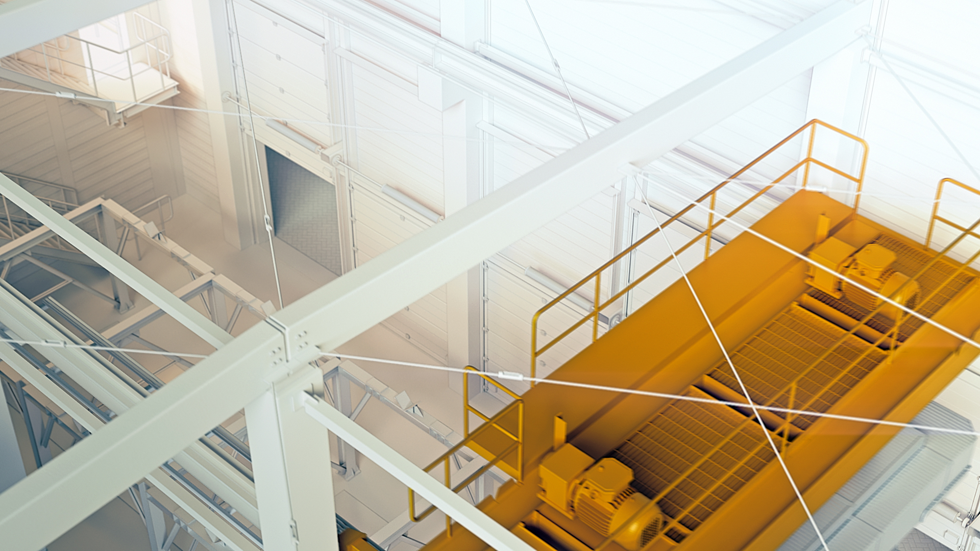 A frame of animation showing a production hall.