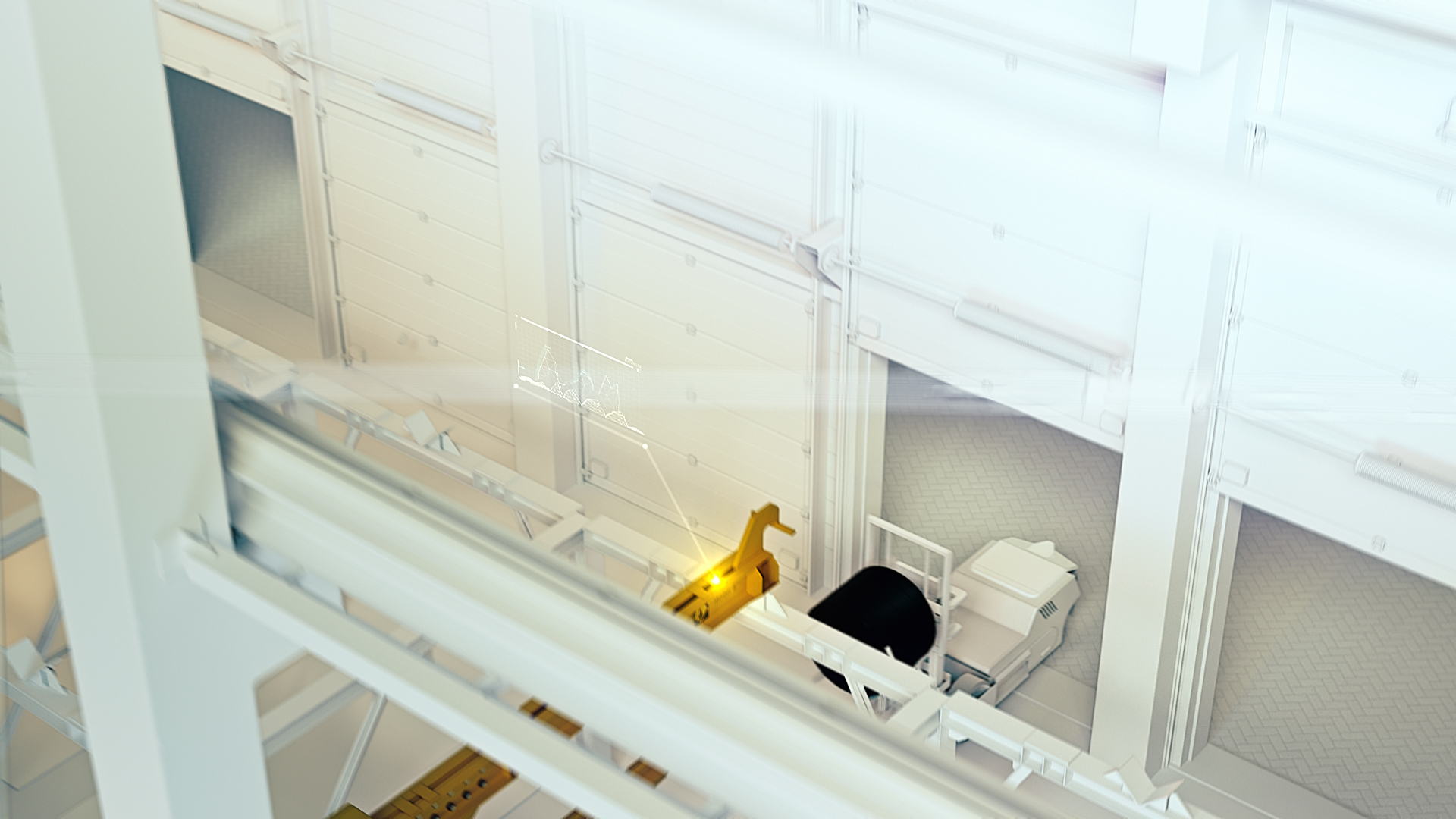 A frame of animation showing a production hall.