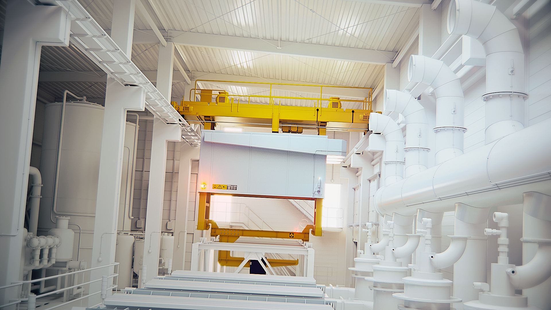 A frame of animation showing a production hall.
