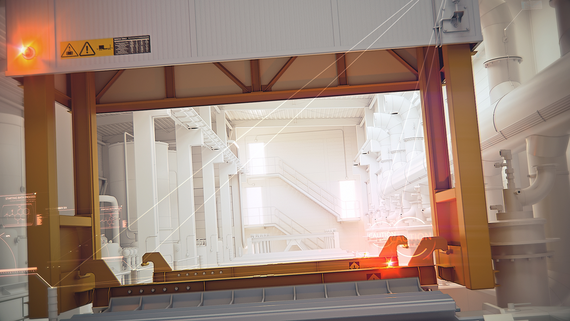 A frame of animation showing a production hall.