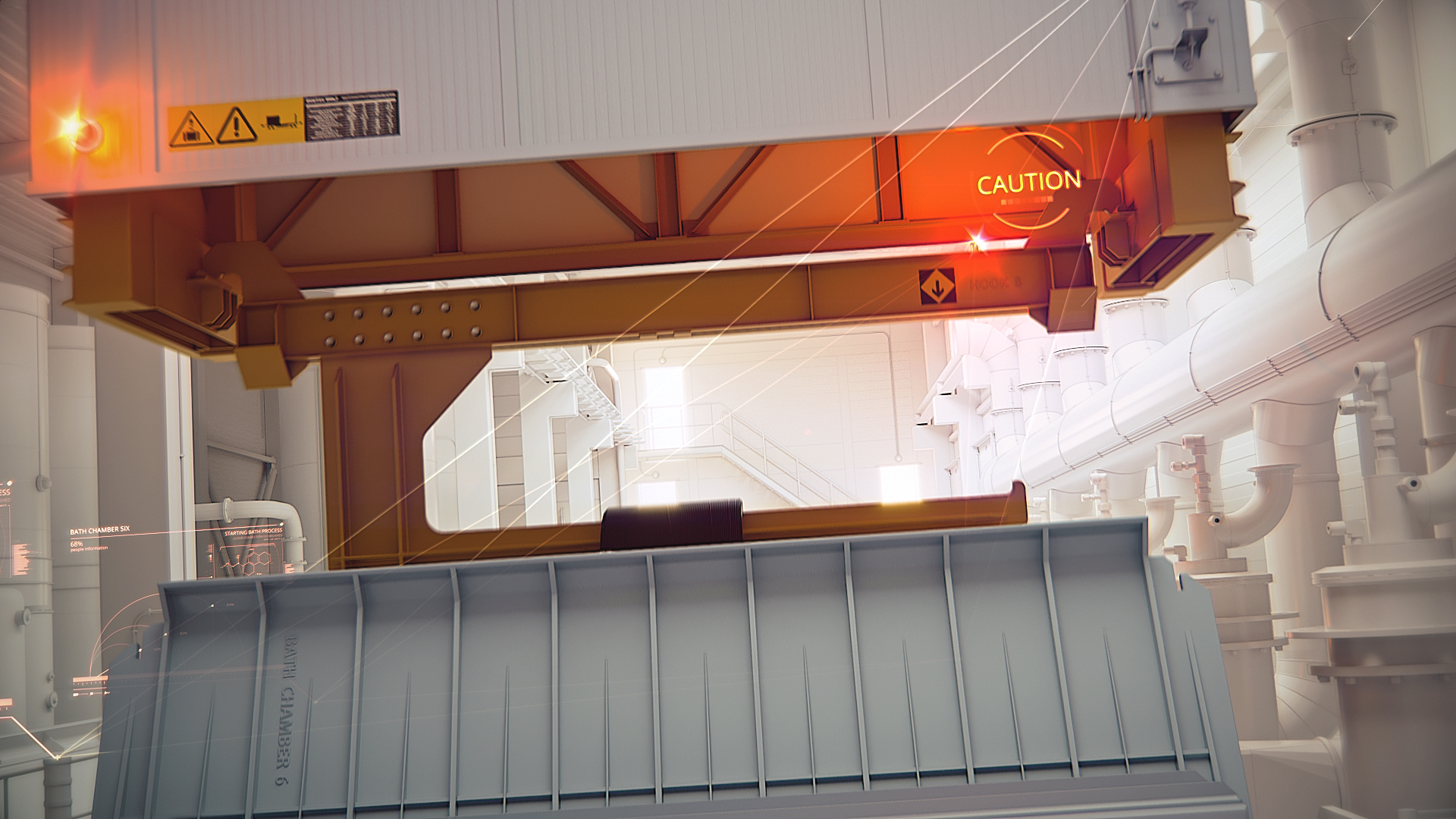 A frame of animation showing a production hall.