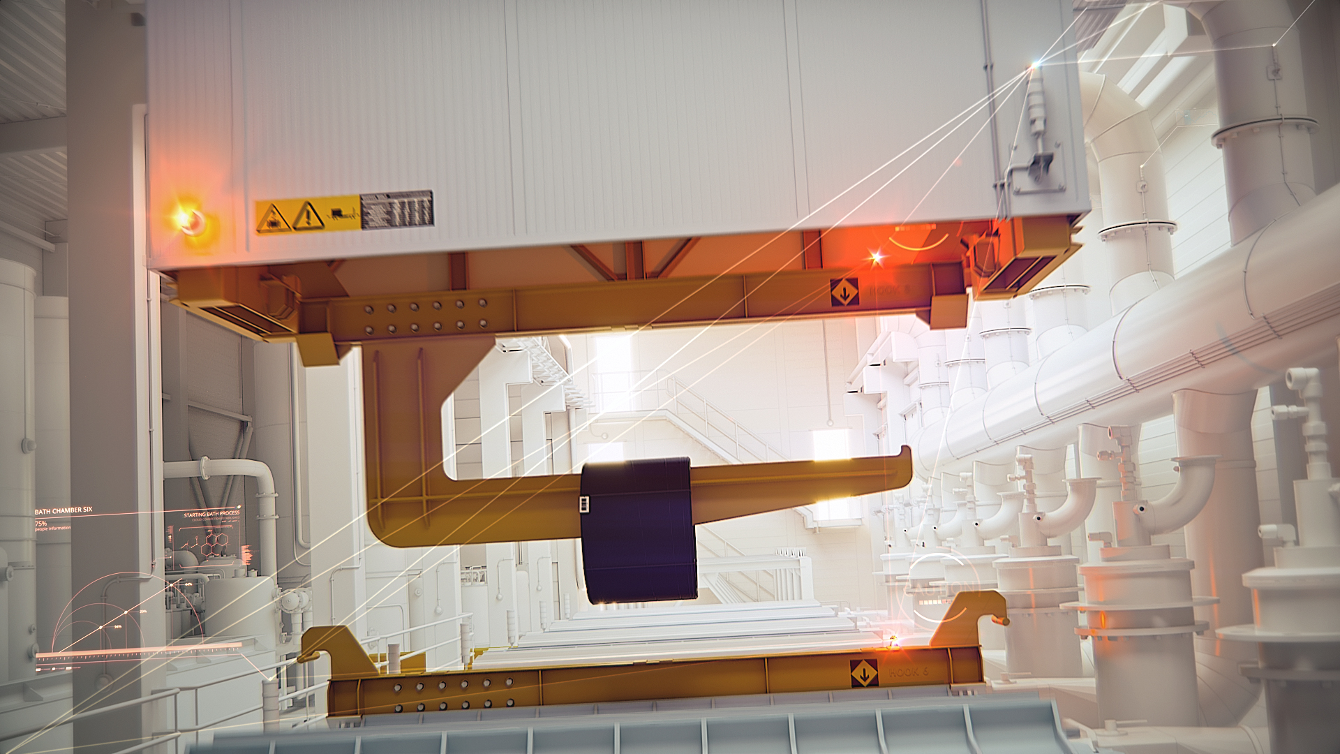 A frame of animation showing a production hall.