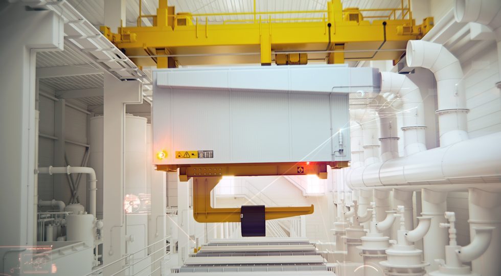 A frame of animation showing a production hall.