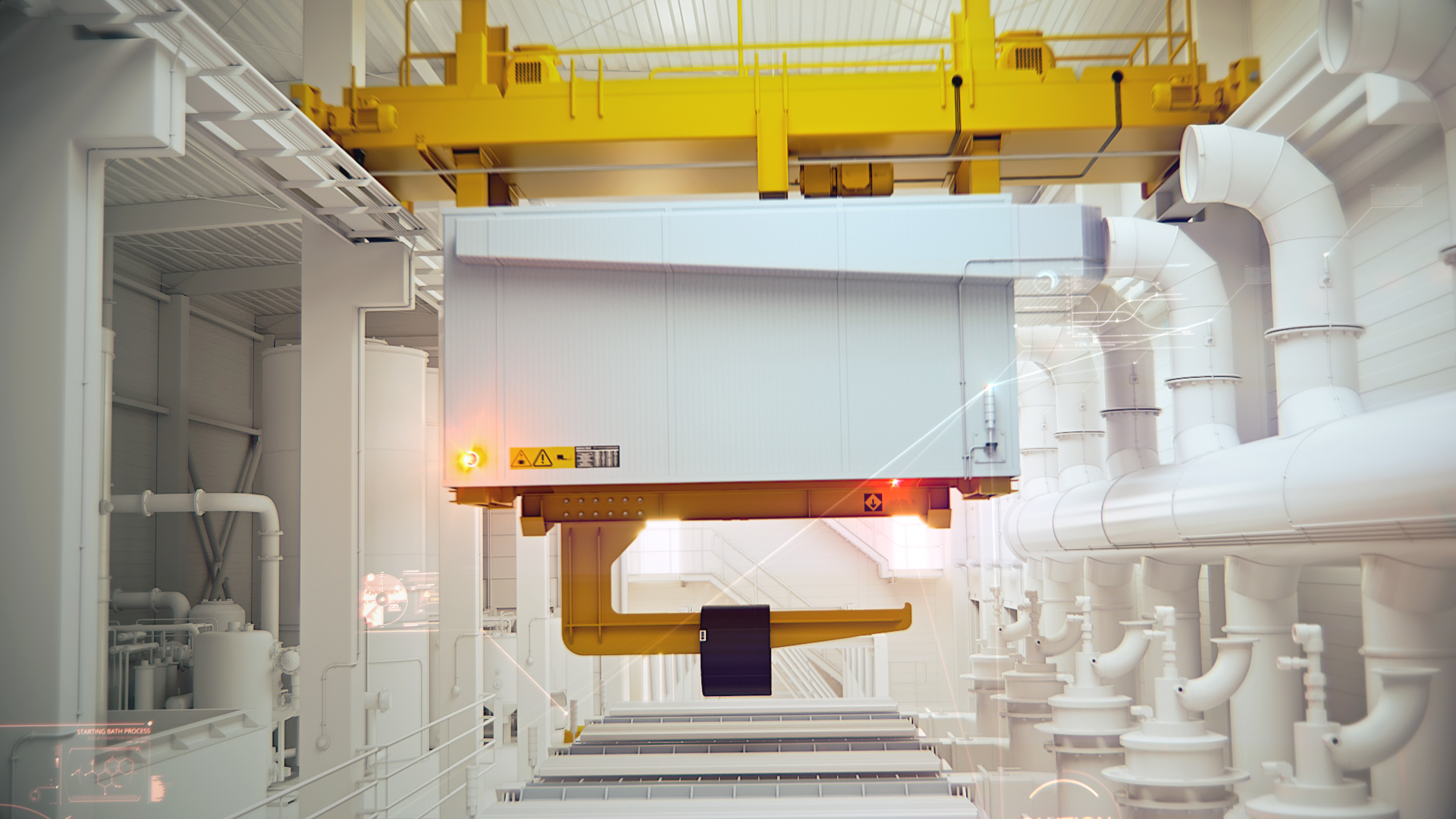 A frame of animation showing a production hall.