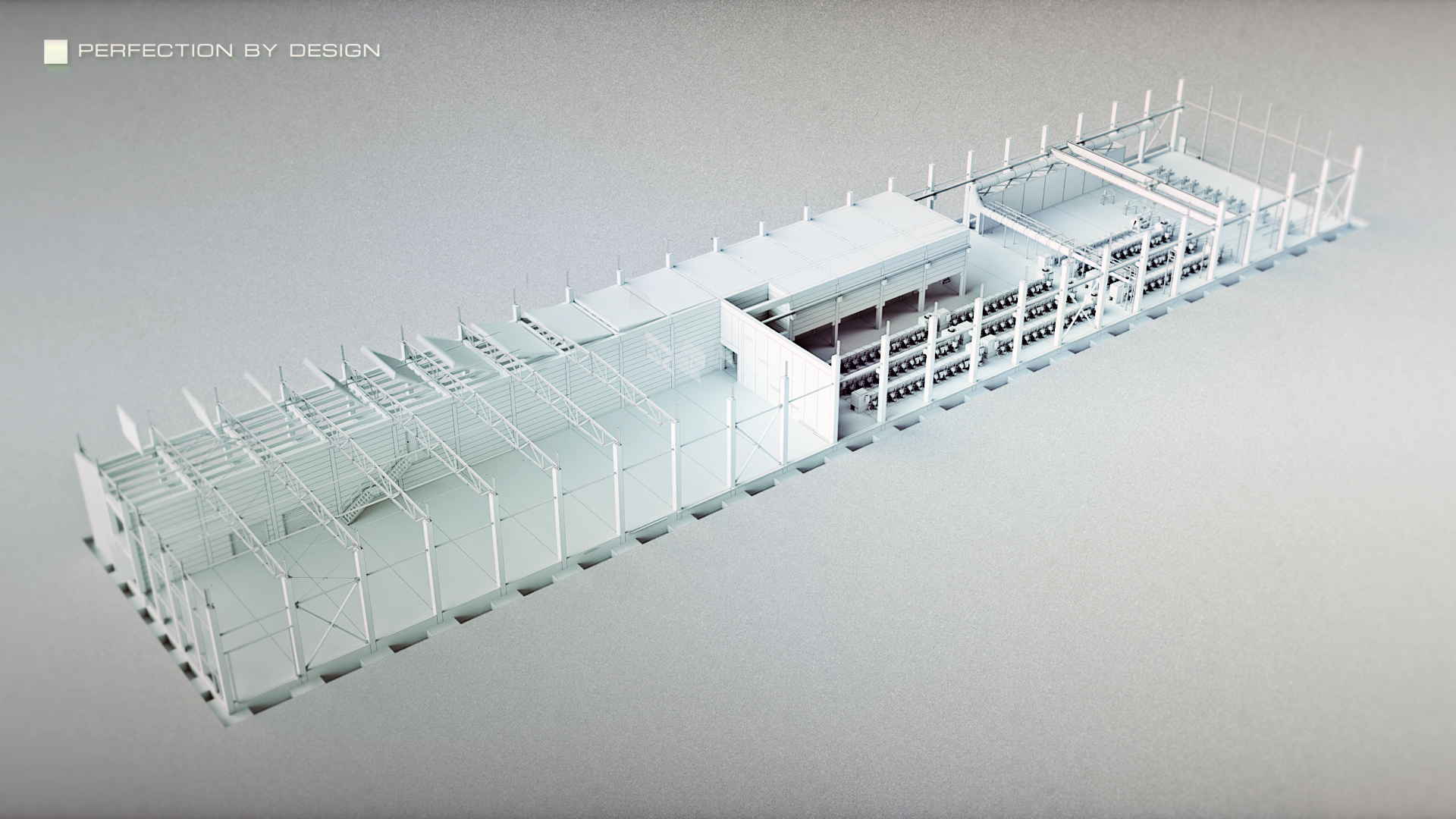 A frame of animation showing a construction of a production hall.