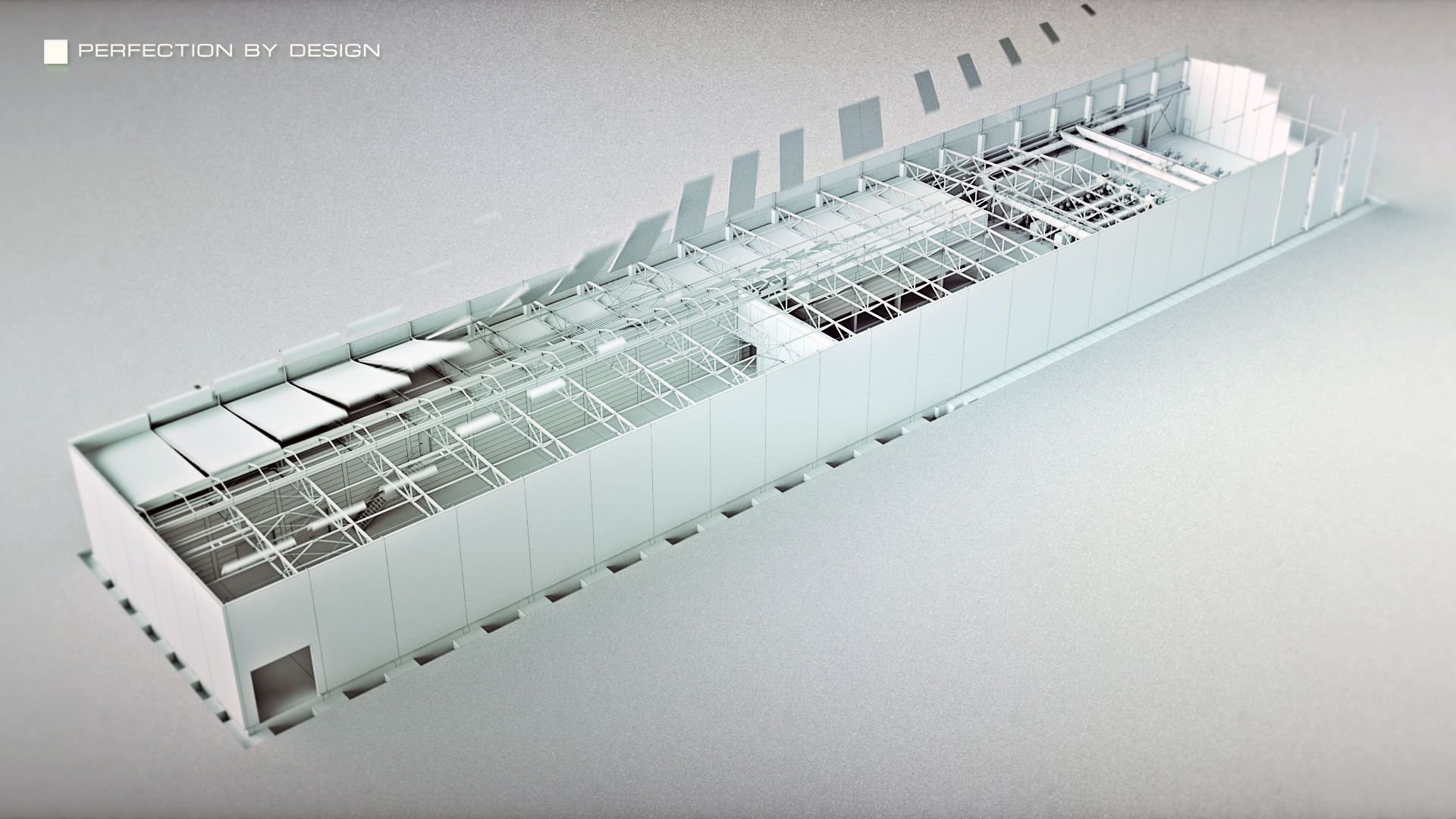A frame of animation showing a construction of a production hall.