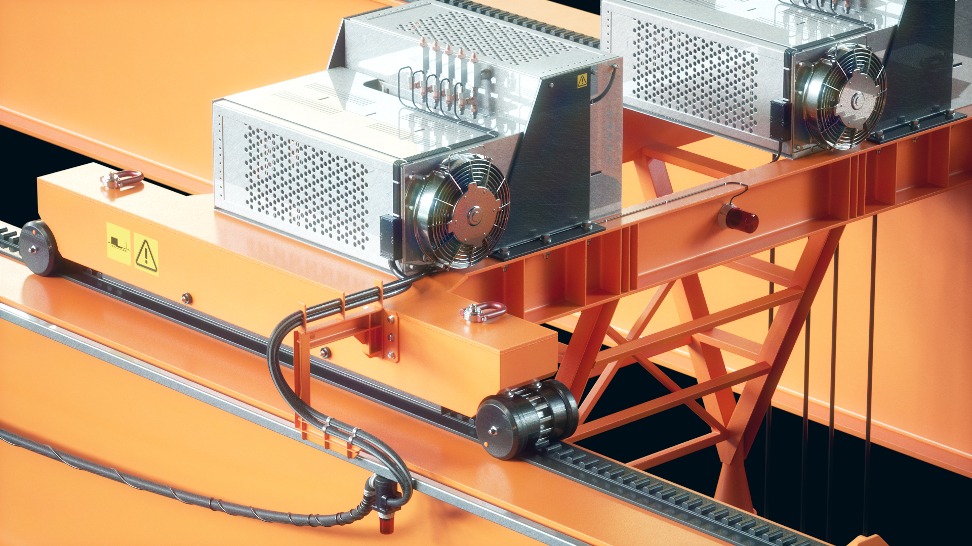 A frame showing an overhead crane simulator.
