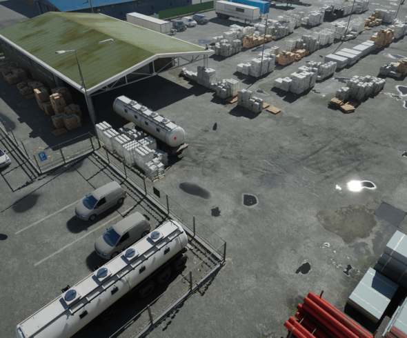 Wizualizacja 3D terenów przemysłowych - plac logistyczny. 3D visualization of industrial areas - logistics yard.