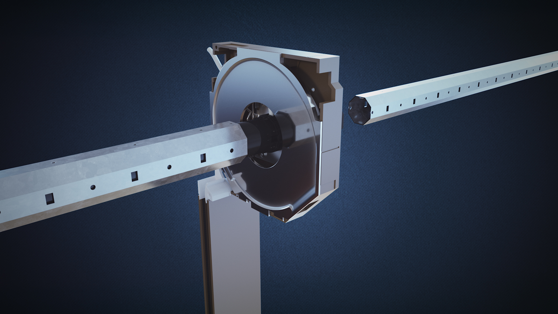 animacja 3D montażu rolet - produkt i rury nawojowe. 3D roller shutter animation - product and winding tubes.