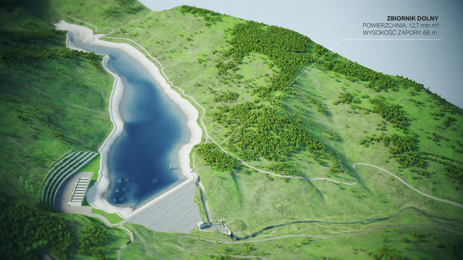 Animacja 3D elektrowni szczytowo-pompowej. 3D animation of a pumped-storage power plant