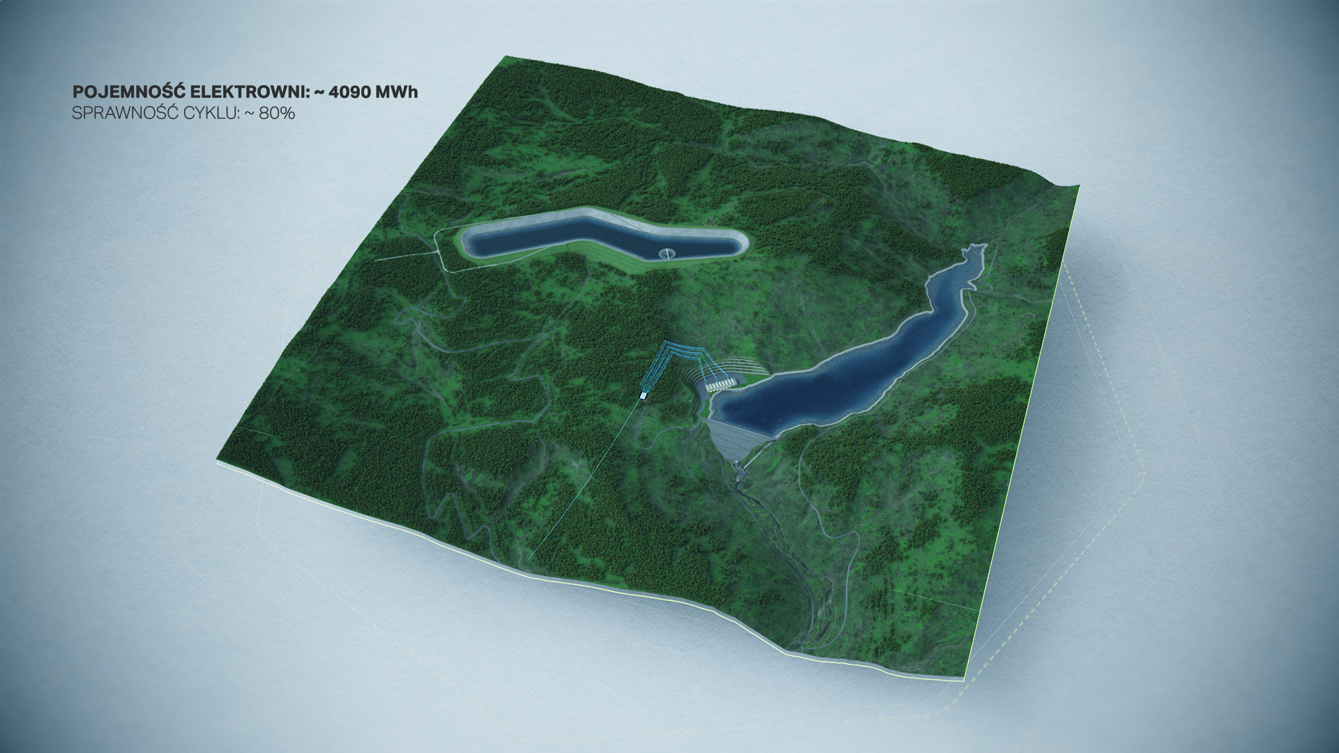 Animacja 3D elektrowni szczytowo-pompowej. 3D animation of a pumped-storage power plant
