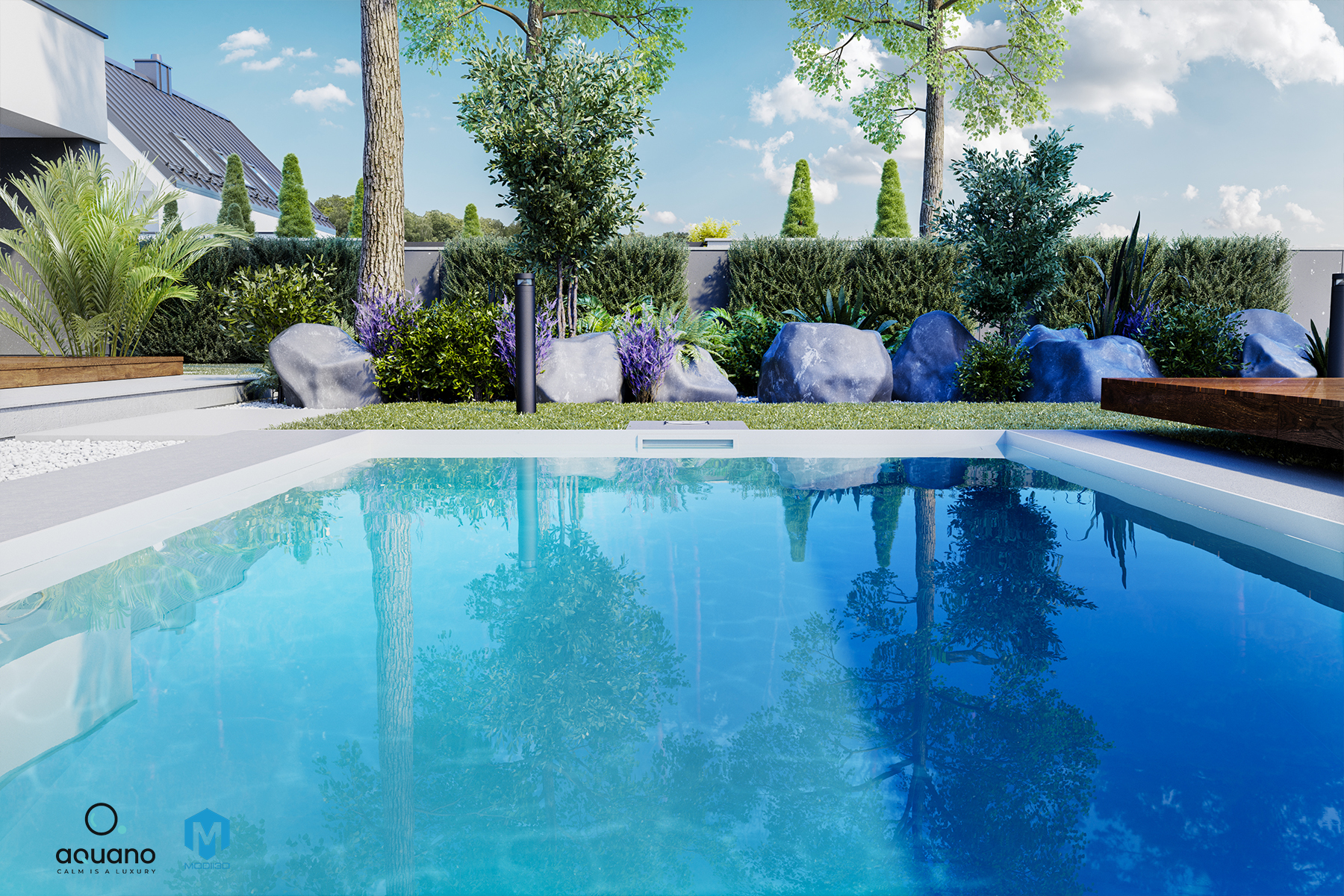 Wizualizacje 3D baseny. Fotorealistyczny render basenu ogrodowego, widok nad taflą wody na część ogrodu. 3d visualizations swimming pools, Photorealistic render of a backyard swimming pool, view just above the water surface overlooking part of the garden..
