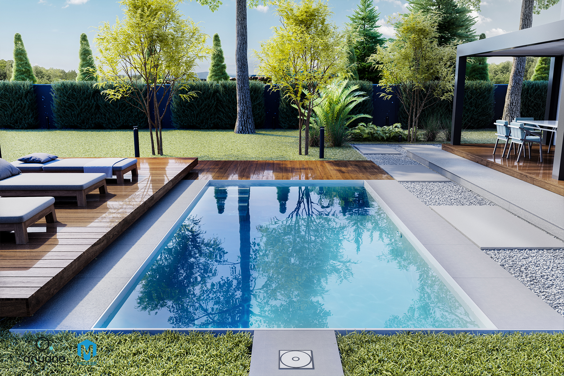 Wizualizacje 3D baseny. Fotorealistyczny render basenu ogrodowego - widok na zagospodarowanie tarasów i ogrodu z basenem. 3d visualizations swimming pools, Photorealistic render of a backyard swimming pool – view of the terrace and garden landscaping.