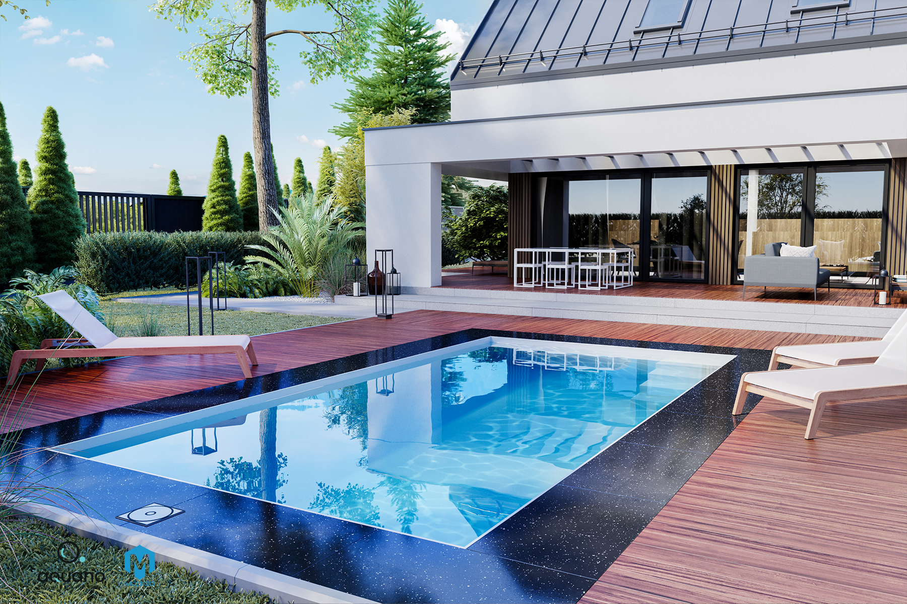 Wizualizacje 3D baseny. Fotorealistyczny render basenu ogrodowego z widocznym domem jednorodzinnym i tarasem. 3d visualizations swimming pools, Photorealistic render of a backyard swimming pool with a visible single-family home and terrace.