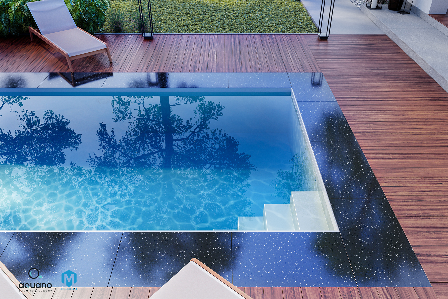 Wizualizacje 3D baseny. Fotorealistyczny render basenu ogrodowego z widokiem na schody basenowe i detal obejścia basenowego z tarasem. 3d visualizations swimming pools, **Photorealistic render of a backyard swimming pool with a view of the pool steps and details of the pool surround and terrace.