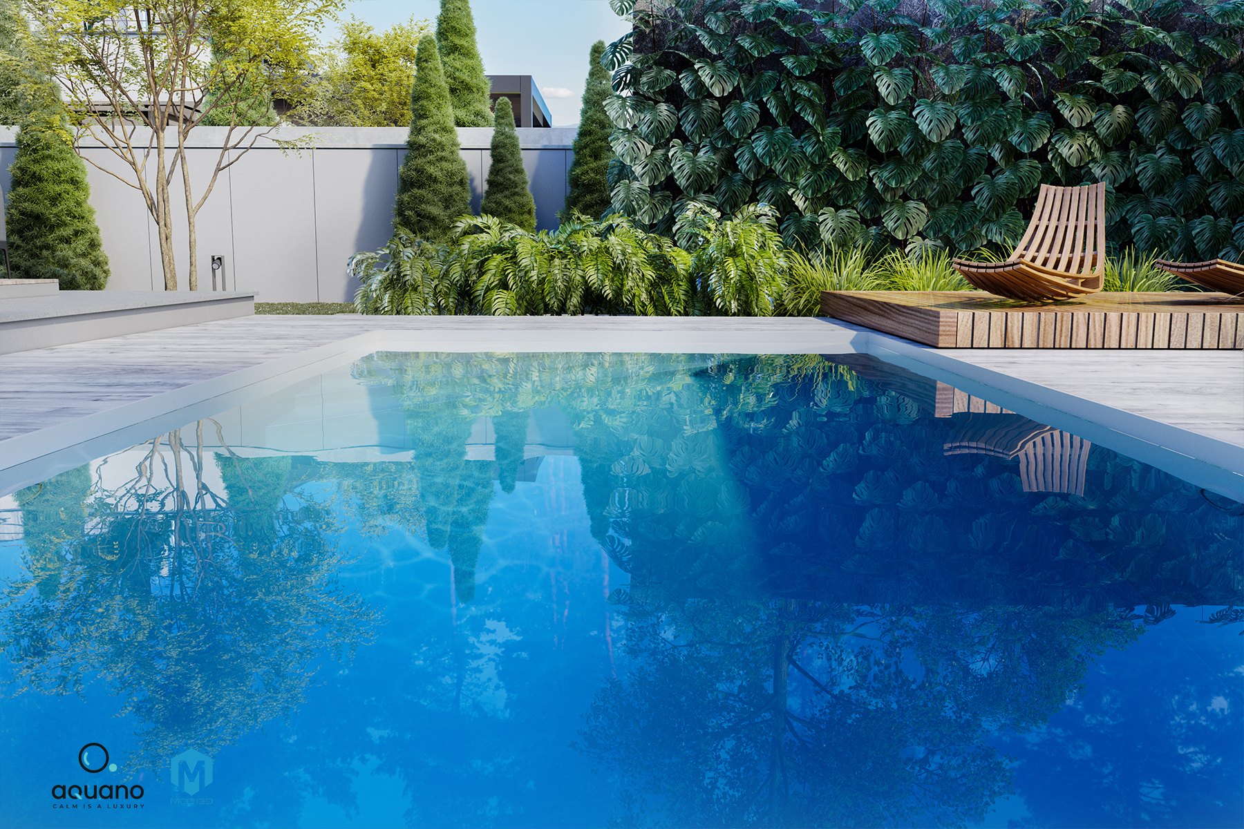 Wizualizacje 3D baseny. Fotorealistyczny render basenu ogrodowego z poziomu tafli wody na ogród i taras. 3d visualizations swimming pools, Photorealistic render of a backyard swimming pool from water level, looking towards the garden and terrace..
