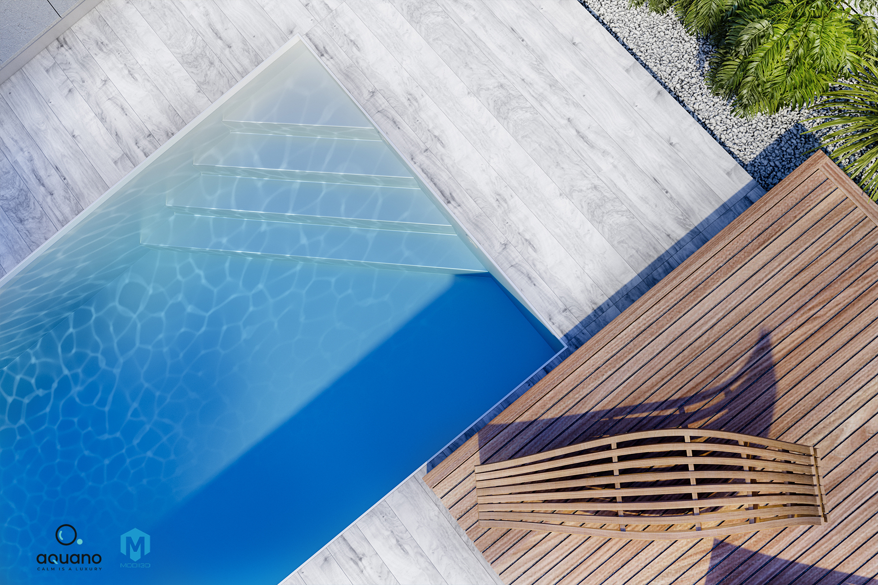 Wizualizacje 3D baseny. Fotorealistyczny render basenu ogrodowego z detalem tarasów. 3d visualizations swimming pools, Photorealistic render of a backyard swimming pool with terrace details.