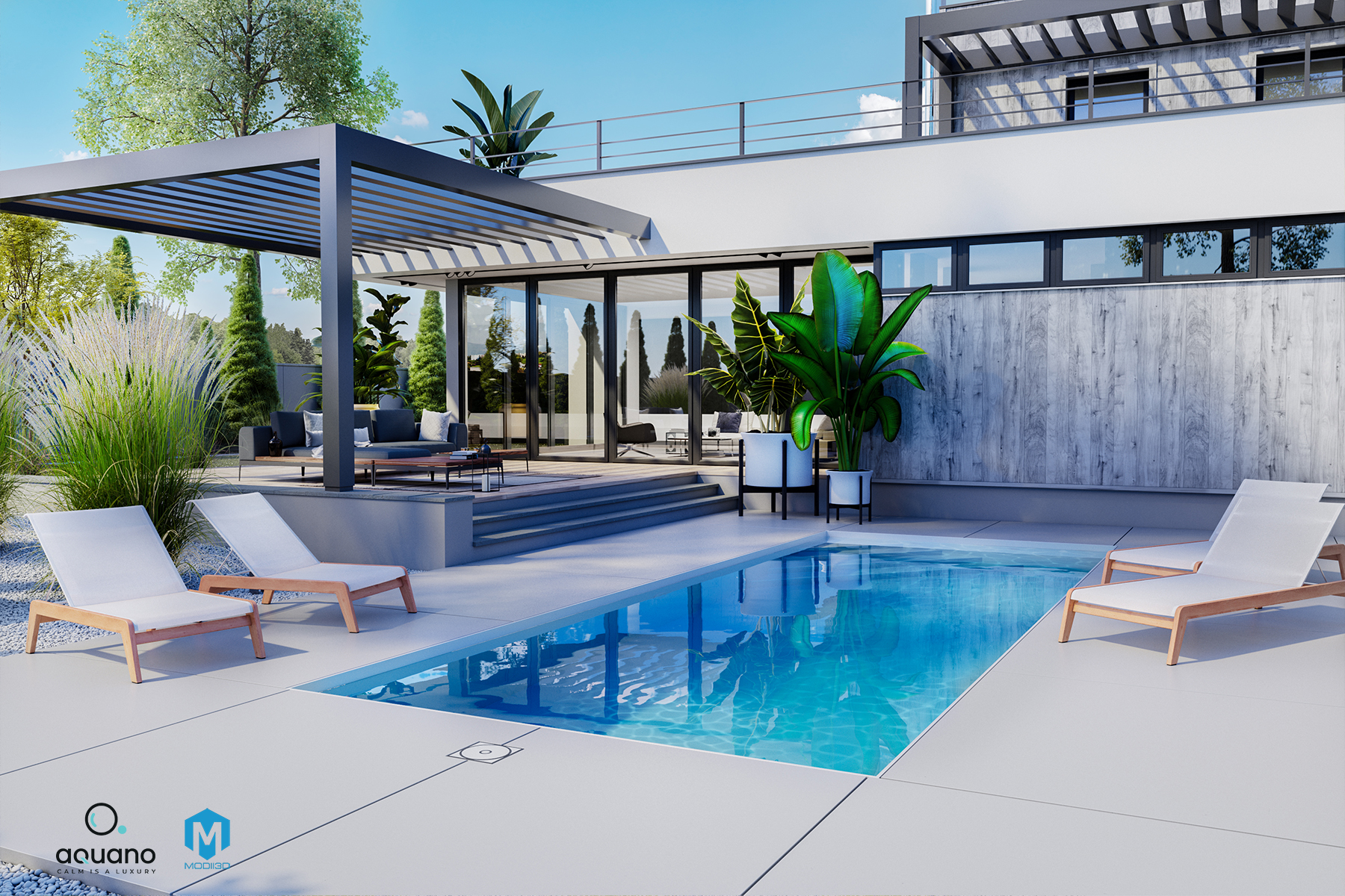 Wizualizacje 3D baseny. Fotorealistyczny render basenu ogrodowego z widokiem na dom i taras ogrodowy. 3d visualizations swimming pools, Photorealistic render of a backyard swimming pool with a view of the house and garden terrace.
