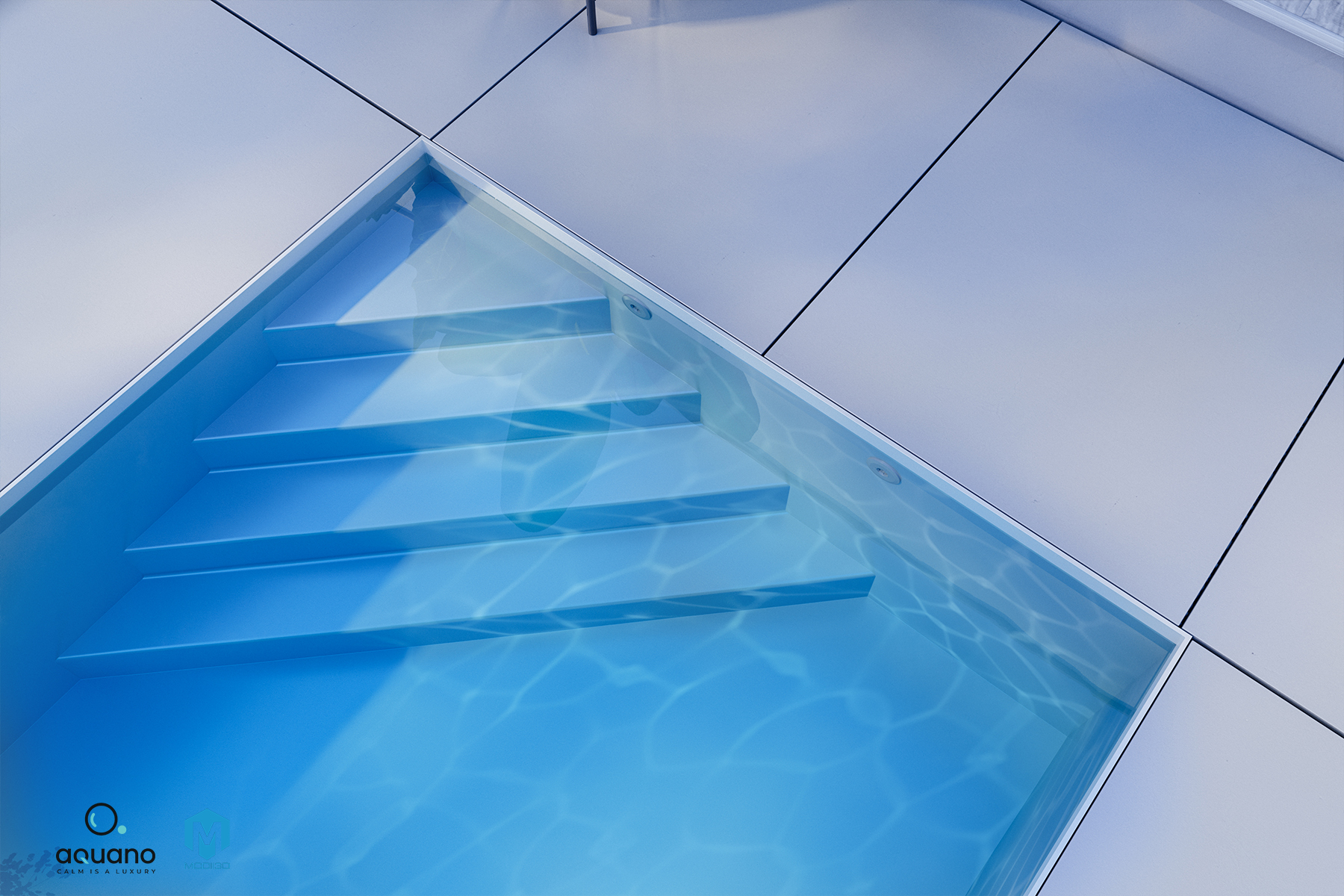 Wizualizacje 3D baseny. Fotorealistyczny render basenu ogrodowego z widokiem na schody basenowe. 3d visualizations swimming pools, Photorealistic render of a backyard swimming pool with a view of the pool steps..