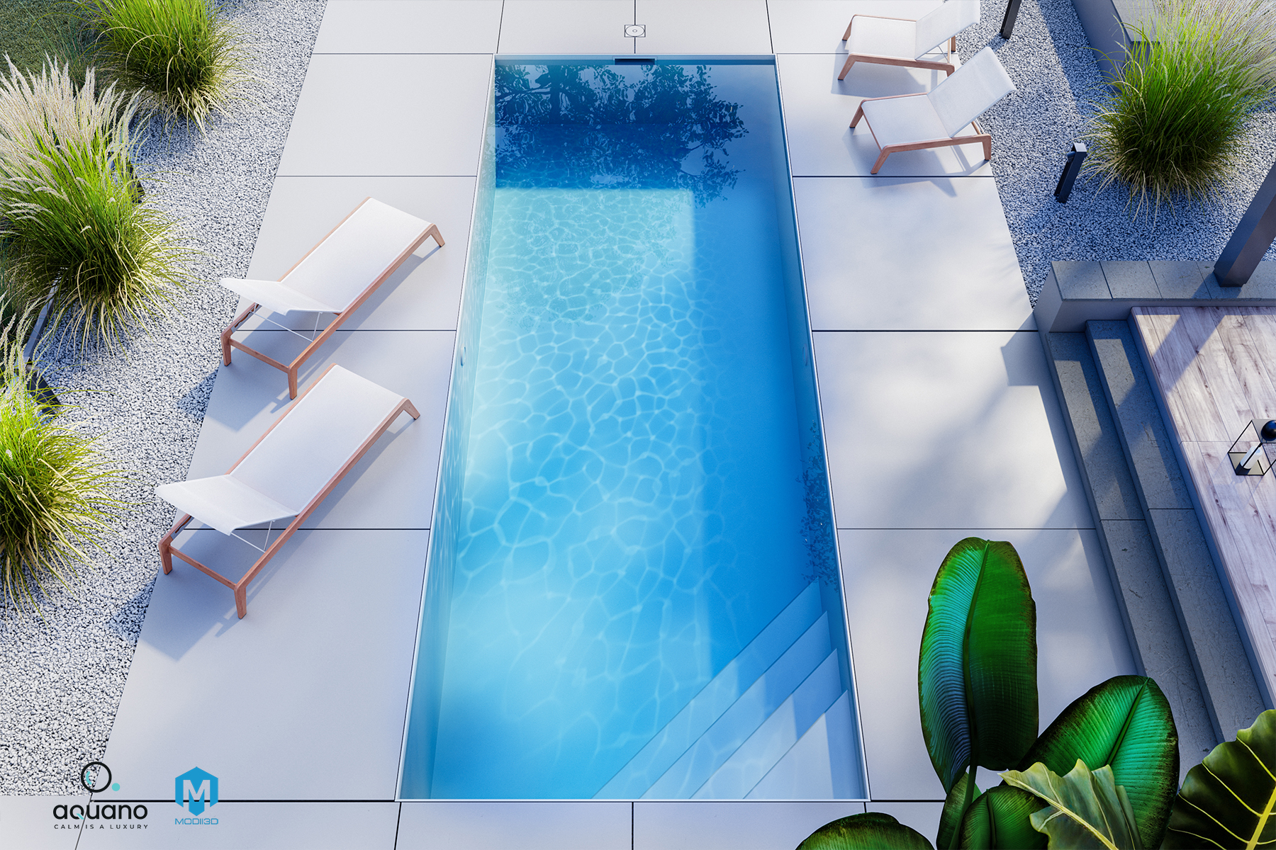 Wizualizacje 3D baseny. Fotorealistyczny render basenu ogrodowego z widocznymi causticami na dnie niecki i mozaiką ceramiczną na obrzeżu. 3d visualizations swimming pools, Photorealistic render of a backyard swimming pool with visible caustics on the pool floor and ceramic mosaic tiling along the edge.