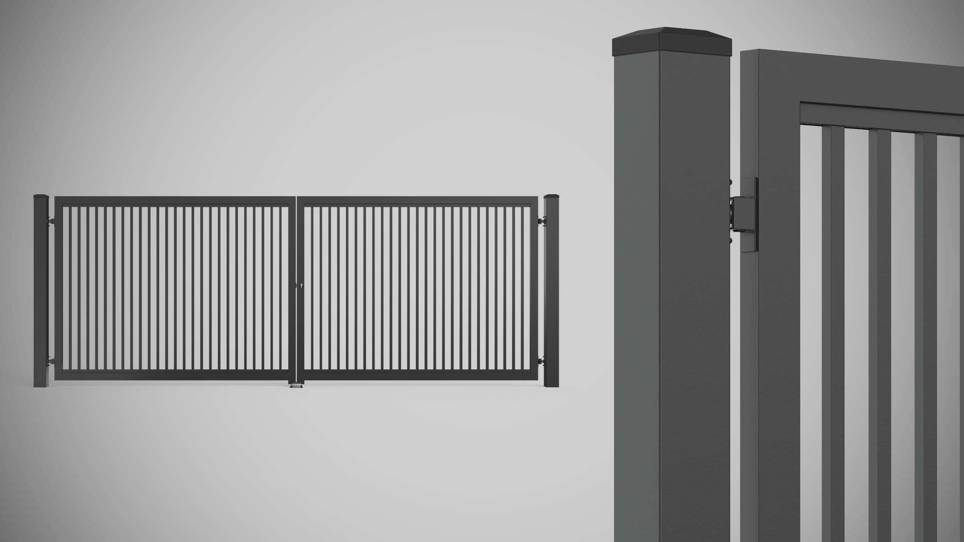 wizualizacje 3D ogrodzeń, moduły ogrodzeń wraz z bramami i elementami. 3d visualizations fences gates wickets.