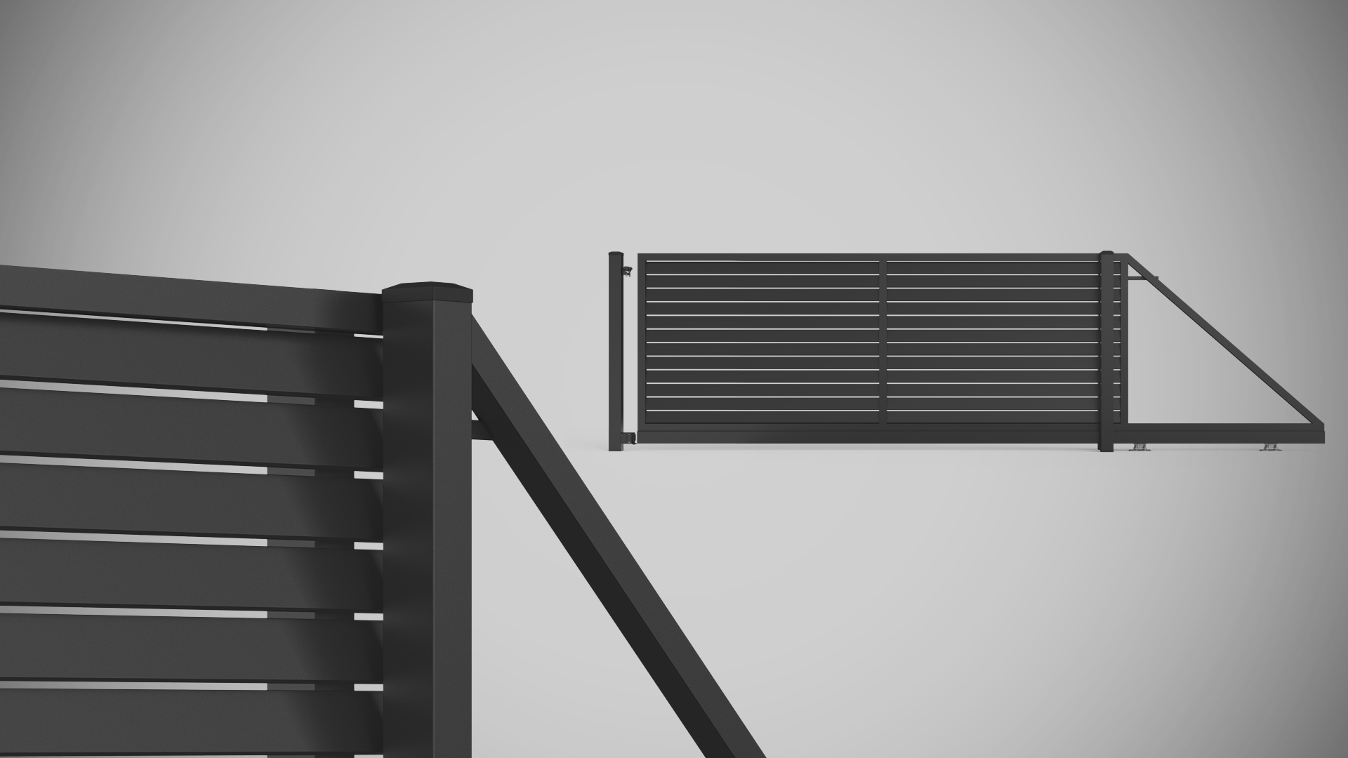 wizualizacje 3D ogrodzeń, moduły ogrodzeń wraz z bramami i elementami. 3d visualizations fences gates wickets.