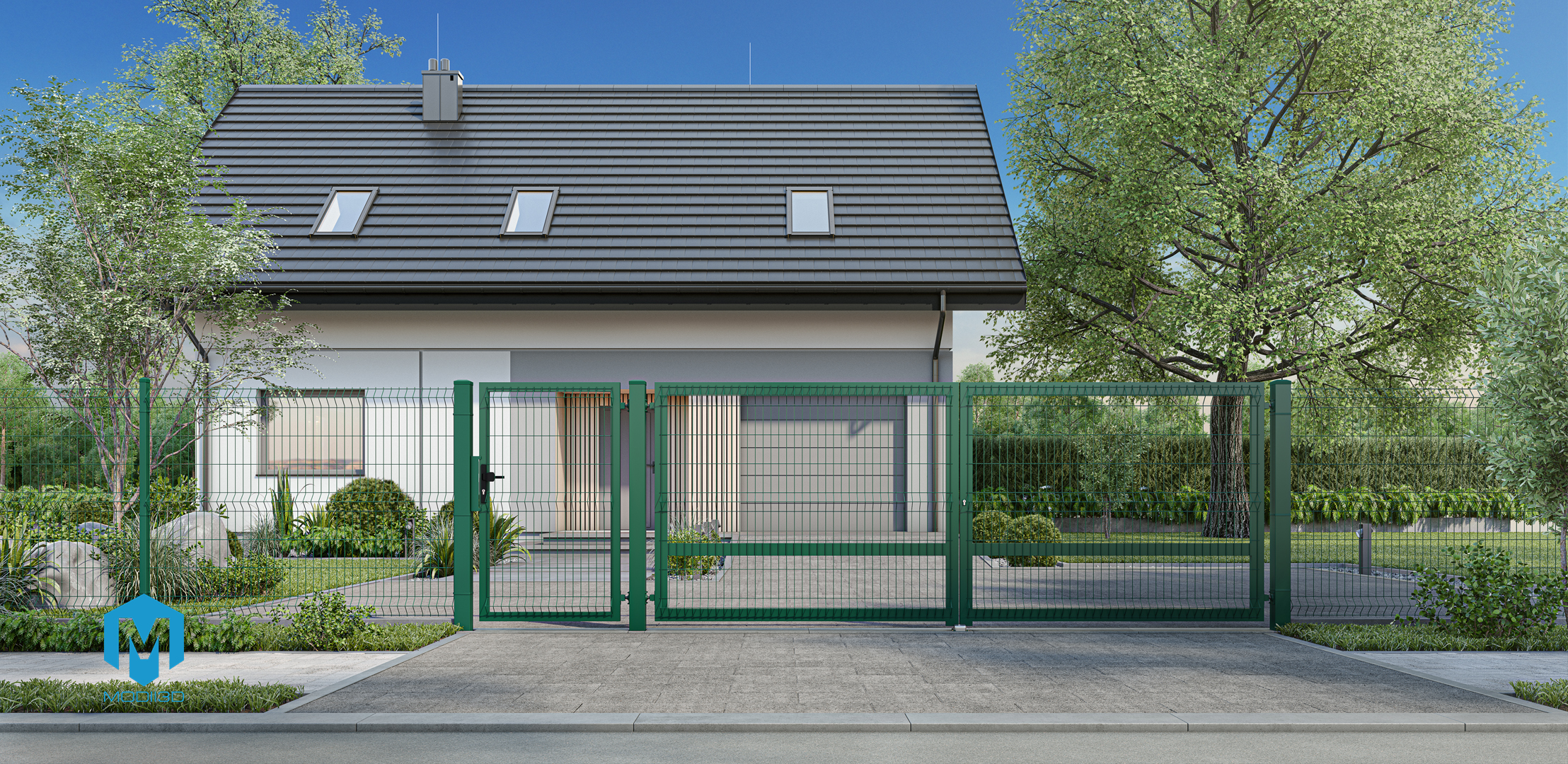 wizualizacje 3D ogrodzeń, moduły ogrodzeń wraz z bramami i elementami. 3d visualizations fences gates wickets.