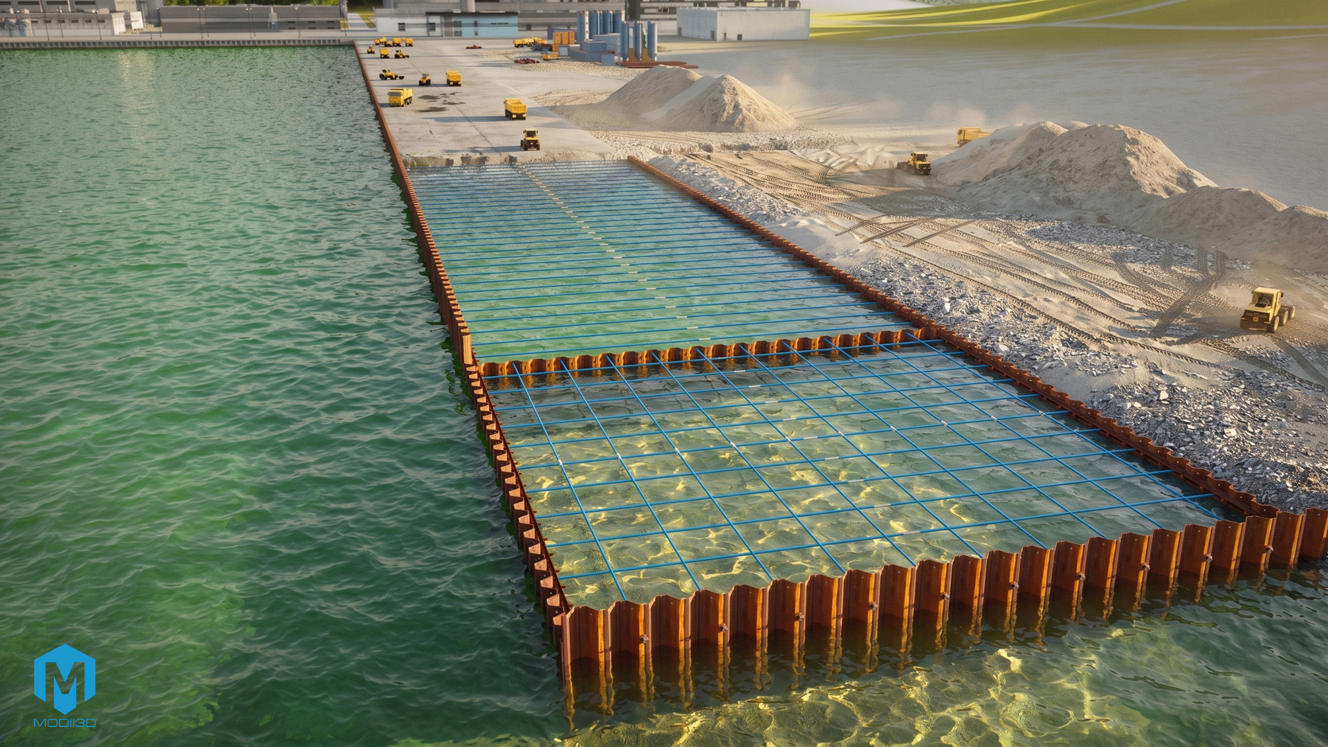 Aarsleff-Modii3d-animation-3d-harbour-build_04L Animacja 3d budowy portu. 3D port construction animation.