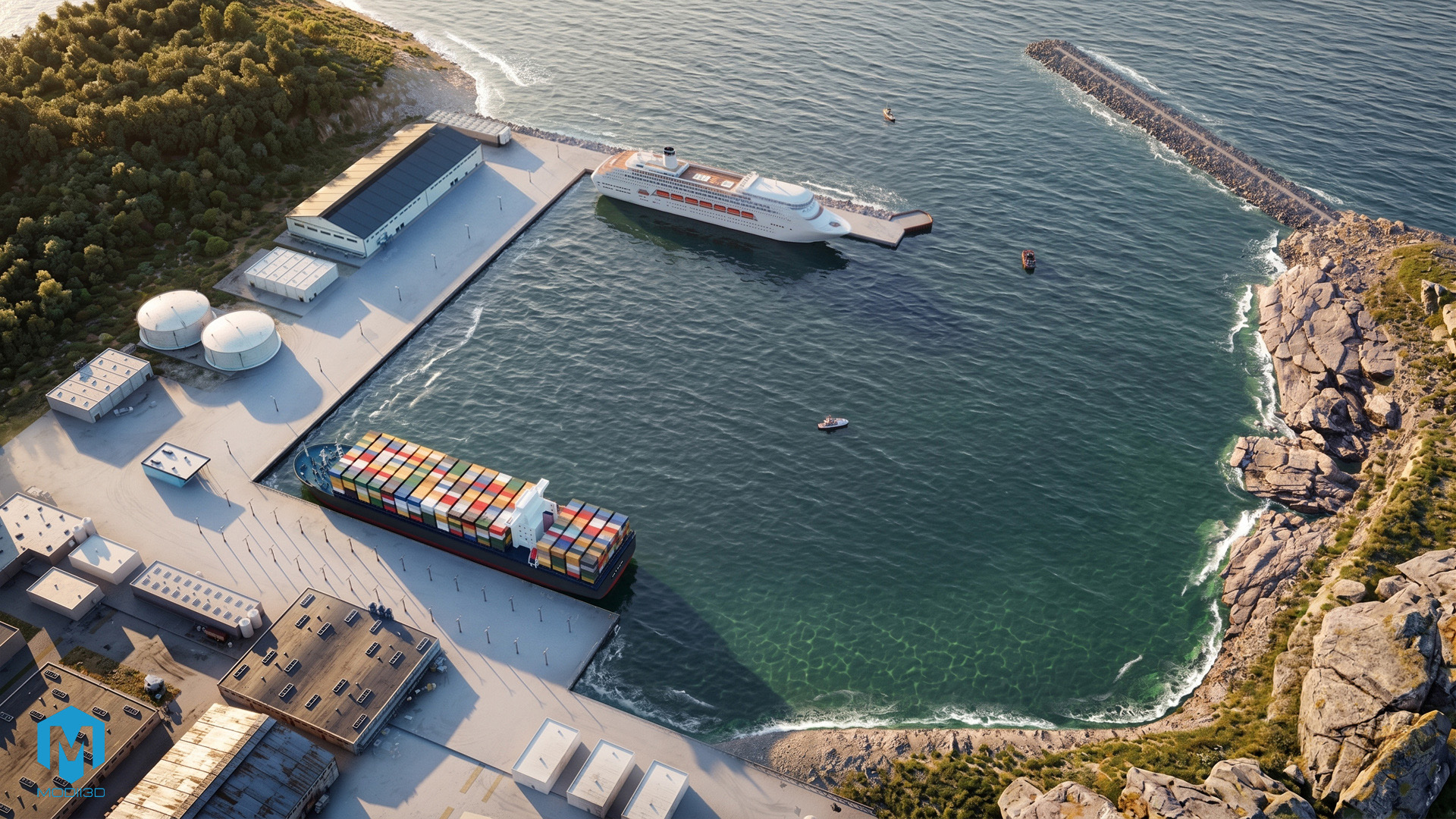 Aarsleff-Modii3d-animation-3d-harbour-build_10L Animacja 3d budowy portu. 3D port construction animation.